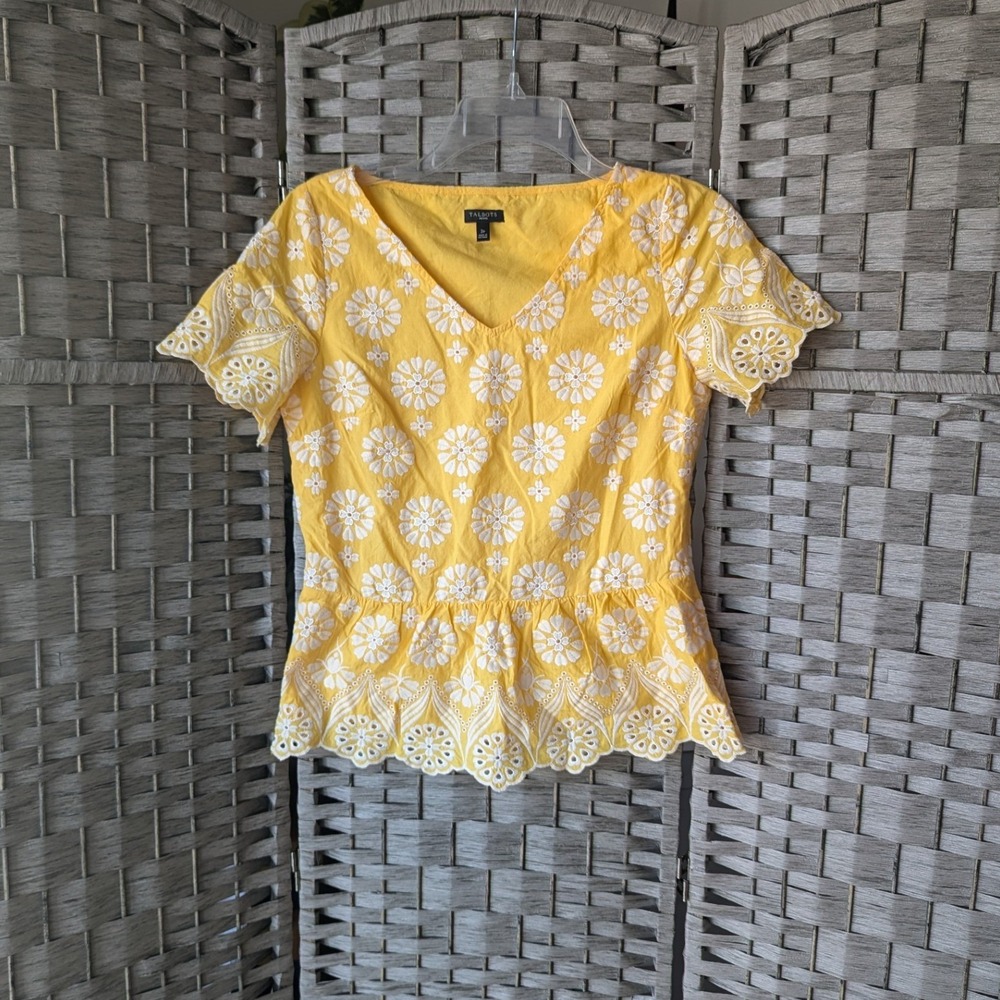 Talbots Peplum Top Yellow White Floral Eyelet Embroidery Sz 2P Preppy Feminine
